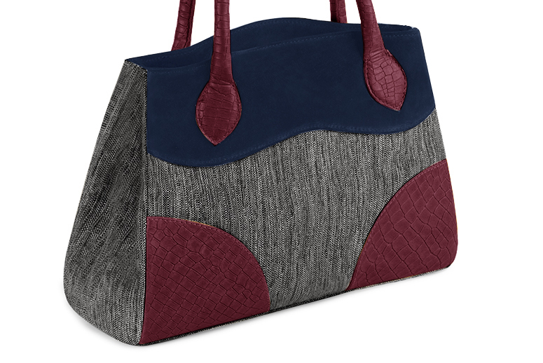 Dark grey, navy blue and burgundy red women's dress handbag, matching pumps and belts. Front view - Florence KOOIJMAN